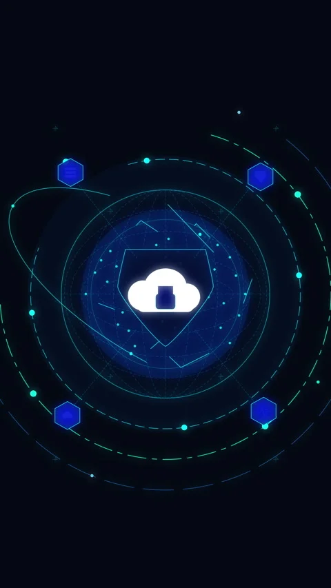 Digital cloud security shield with futuristic cyber HUD interface Stock Footage 347199749