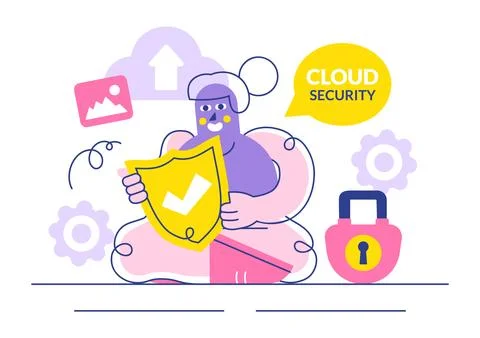 Digital Cloud Security Vector Illustration Featuring Safety and Data Protec.. Stock Illustration