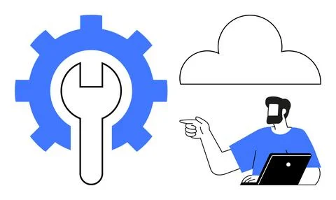 Digital Cloud Solutions with Gear and Wrench Symbol, Man at Laptop, Abstrac.. 스톡 일러스트