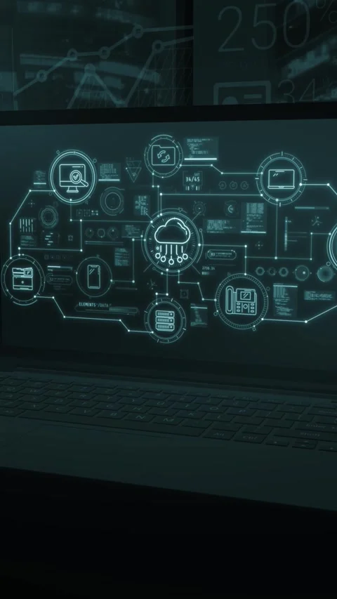 Digital cloud solutions graphic on a computer screen Stock Footage 326617719