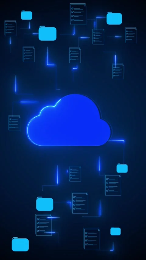 Digital cloud storage documents with connected folders, checklist files, blue Stock Footage 333860312