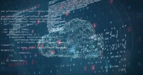 Digital cloud surrounded by lines of code and data visualizations Foto stock