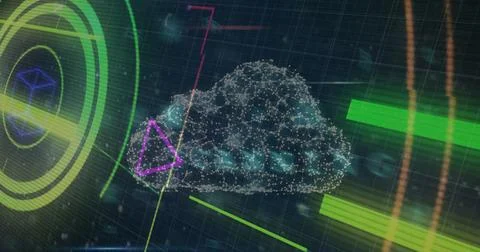 Digital cloud technology concept with futuristic graphics and data visualization Stock Photos