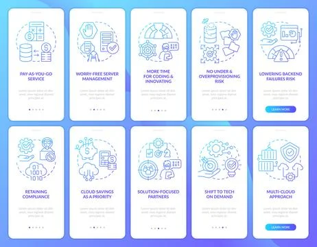 Digital cloud trends blue gradient onboarding mobile app screen set イラスト素材