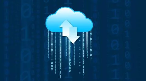 Digital cloud with two arrows and binary code 1 and 0 pouring from the cloud. Stock Illustration