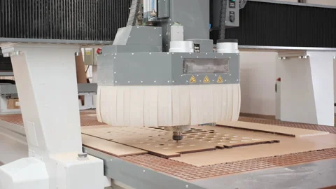 Digital cnc milling machine processing laser cut plywood board - medium shot Video stock 161355293
