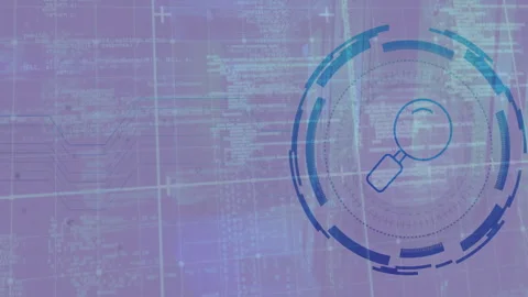 Digital code analysis with magnifying glass icon and animation on screen Stock Footage 304840556
