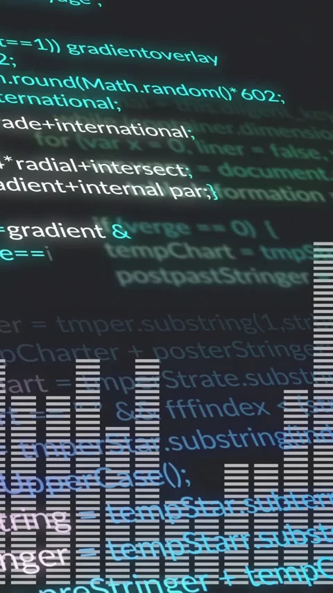 Digital code and bar graph animation over dark background with colorful text Stock Footage 319727613