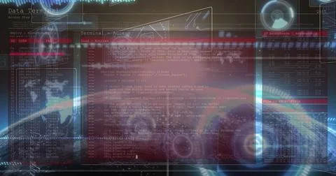 Digital code and data interface on screen displaying complex programming script Stock-Fotos