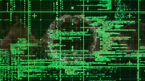 Digital code and data processing animation over green grid background Stock Footage 303468649