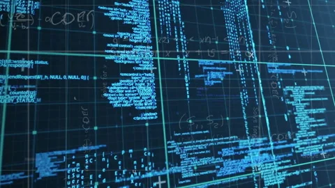 Digital code and data processing animation over grid background with blue text Stock Footage 303564302