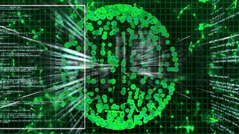 Digital code and data processing animation over green circular grid pattern Stock Footage 303609072
