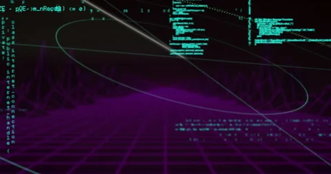Digital code and data processing animation over purple grid landscape Vidéo 303675783