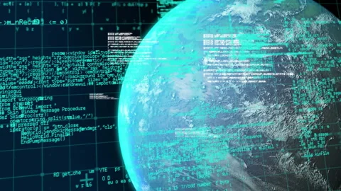 Digital code and data processing animation over rotating Earth in space Stock Footage 303675933