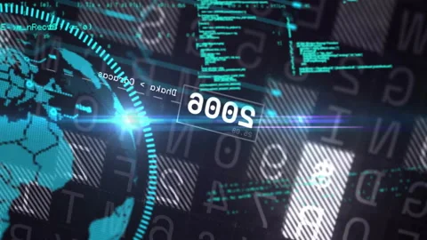 Digital code and data processing animation over futuristic interface elements Stock Footage 303739165