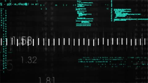 Digital code and data processing animation over black background with white bars Video stock 304480522