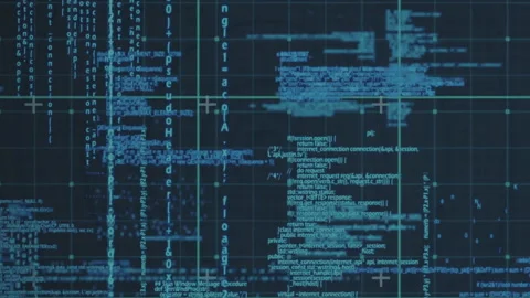 Digital code and data processing animation over dark blue grid background Stock Footage 304841631
