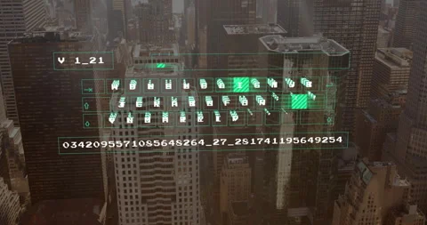 Digital code and data processing animation over cityscape with tall buildings Stock Footage 305727914