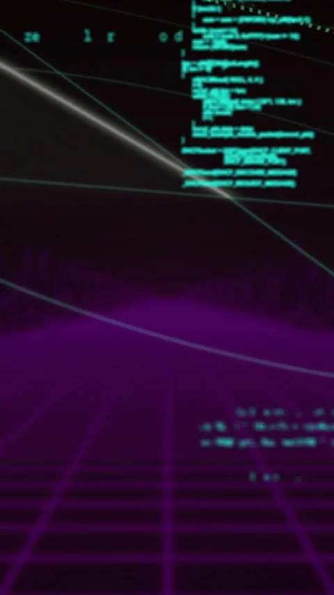 Digital code and data processing animation over purple grid landscape Stock Footage 319811613