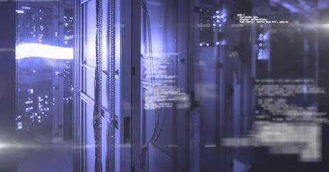 Digital code and data processing image over server racks in data center Stock Photos