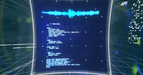 Digital code and data visualizations displayed on futuristic curved screen 스톡 사진