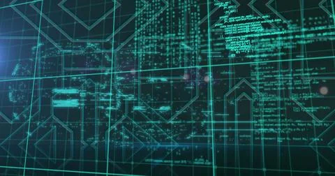 Digital code and geometric patterns are displayed on futuristic screen 库存照片