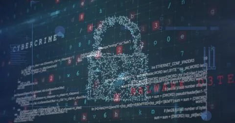 Digital code and graphics representing cybercrime and malware displayed on Photos