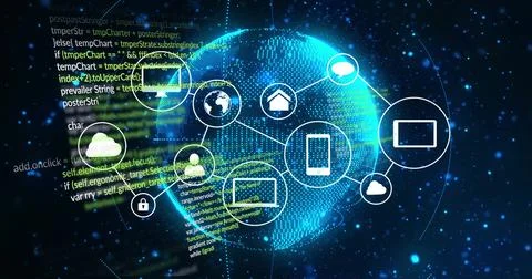 Digital code and icons image over rotating globe and network connections Foto stock