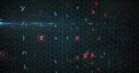 Digital code and symbols are floating on dark, hexagonal grid background 스톡 사진