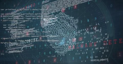 Digital code and text forming fingerprint with MALWARE DETECTED in red 写真素材