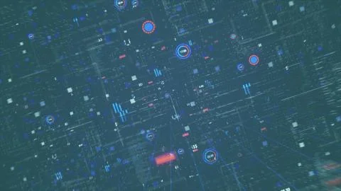 Digital code background loop - Fly through abstract 3D rendering of a scientific Stockfoto's