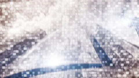 Digital code on blur city background. Abstract Binary code. 스톡 일러스트