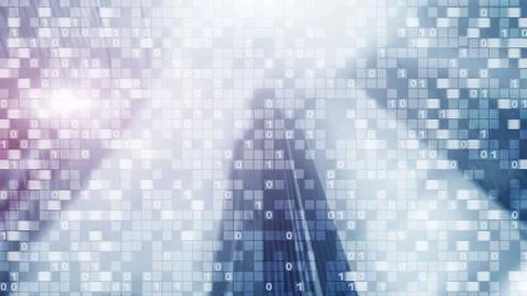 Digital code on blur city background. Abstract Binary code Stock Photos