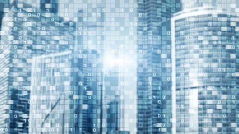 Digital code on blur city background. Abstract Binary code. Stock Photos