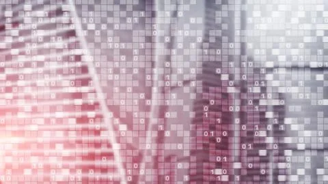 Digital code on blur city background. Abstract Binary code. Stock-Fotos