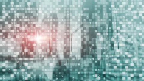 Digital code on blur city background. Abstract Binary code. Foto stock