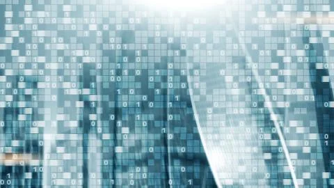 Digital code on blur city background. Abstract Binary code. Foto stock