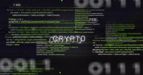 Digital code with CRYPTO text overlay, representing cryptocurrency concept on Stock Footage 304645077