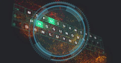 Digital code decryption animation over colorful particles and circular interface Video stock 305892576