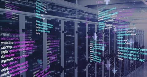 Digital code flowing in data center, showcasing advanced technology and Stock Photos