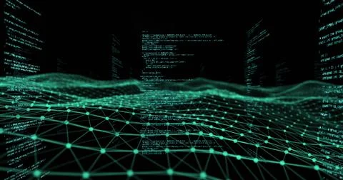 Digital code flowing over network grid, illustrating futuristic technology Stock Illustration