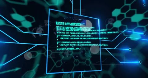 Digital code flowing through futuristic interface with glowing hexagonal 스톡 사진