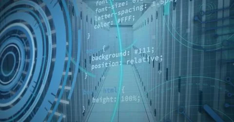 Digital code flows seamlessly in a futuristic corridor, ideal for tech themes Stock Photos