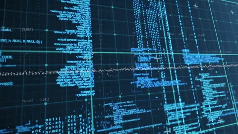 Digital code fragments flowing over dark grid in animated illustration, Stock Footage 309286494