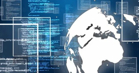 Digital code intertwining with globe, showcasing global technology and 스톡 사진