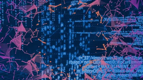 Digital code matrix streaming in network grid, featuring pink polygon nodes, Stock Footage 309284523