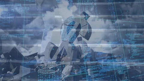 Digital code overlay on abstract sculpture against cloudy sky background Stock Footage 305519979