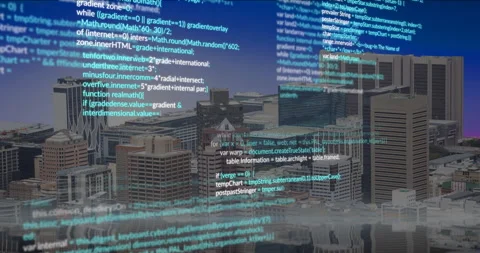 Digital code overlay on cityscape representing technology integration in urban Stock Footage 305829764