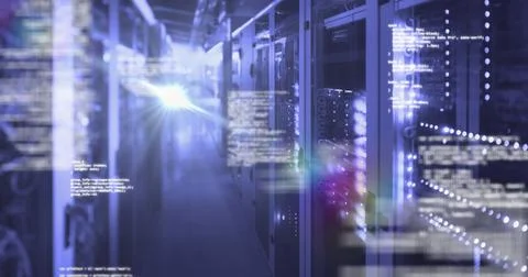 Digital code overlay in data center showcasing advanced technology and Stock Photos