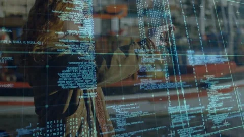 Digital code overlay fading in, woman typing on bench rising, using smartphone Stock Footage 325706801